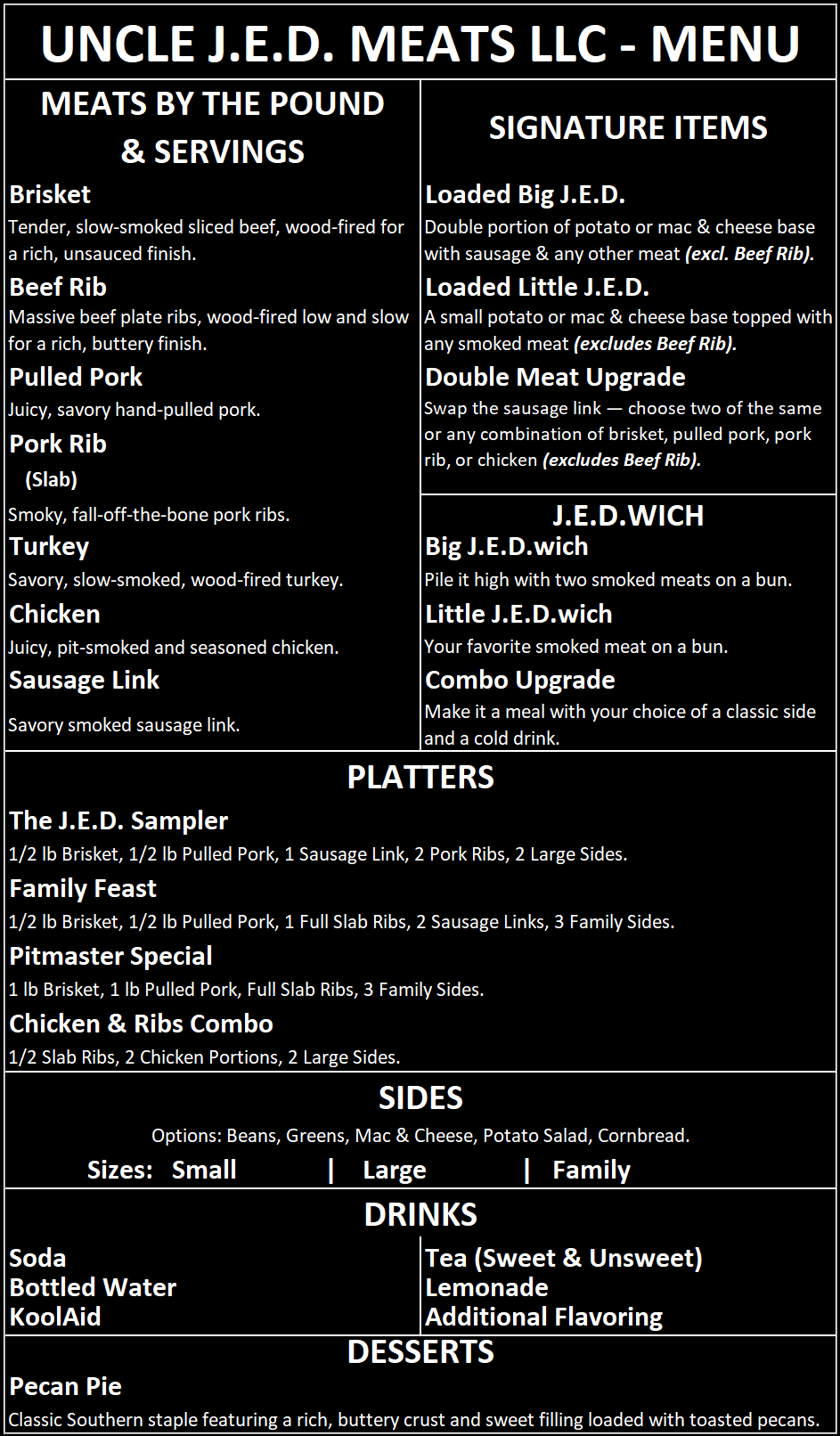 Uncle J.E.D. Meats Menu